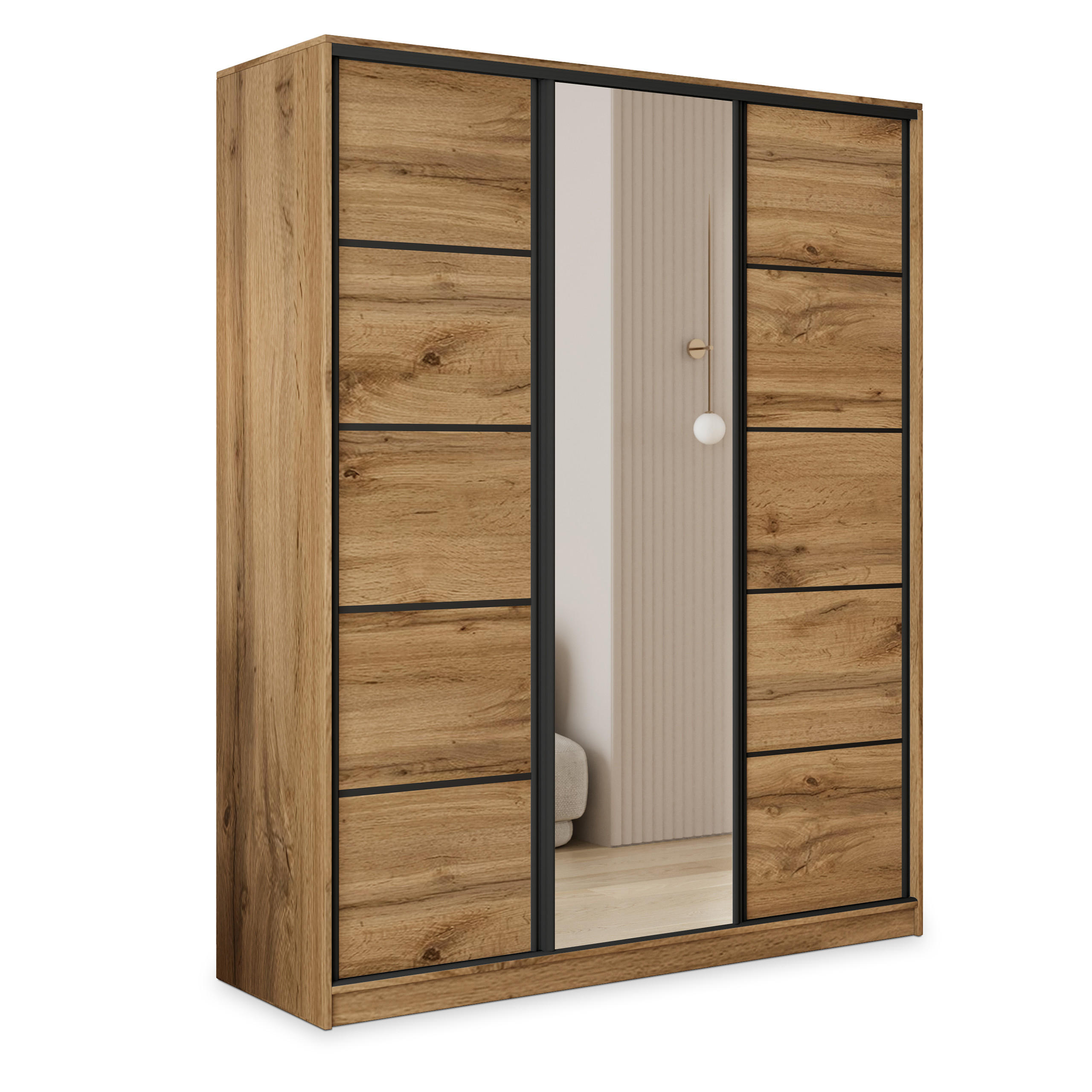 SCHWEBETÜRENSCHRANK PINA 160/205/58 cm 3-türig mit Spiegel und 4 Schubladen Eiche Wotan - Eiche Wotan, Holzwerkstoff (160/205/58cm) - MASSENO