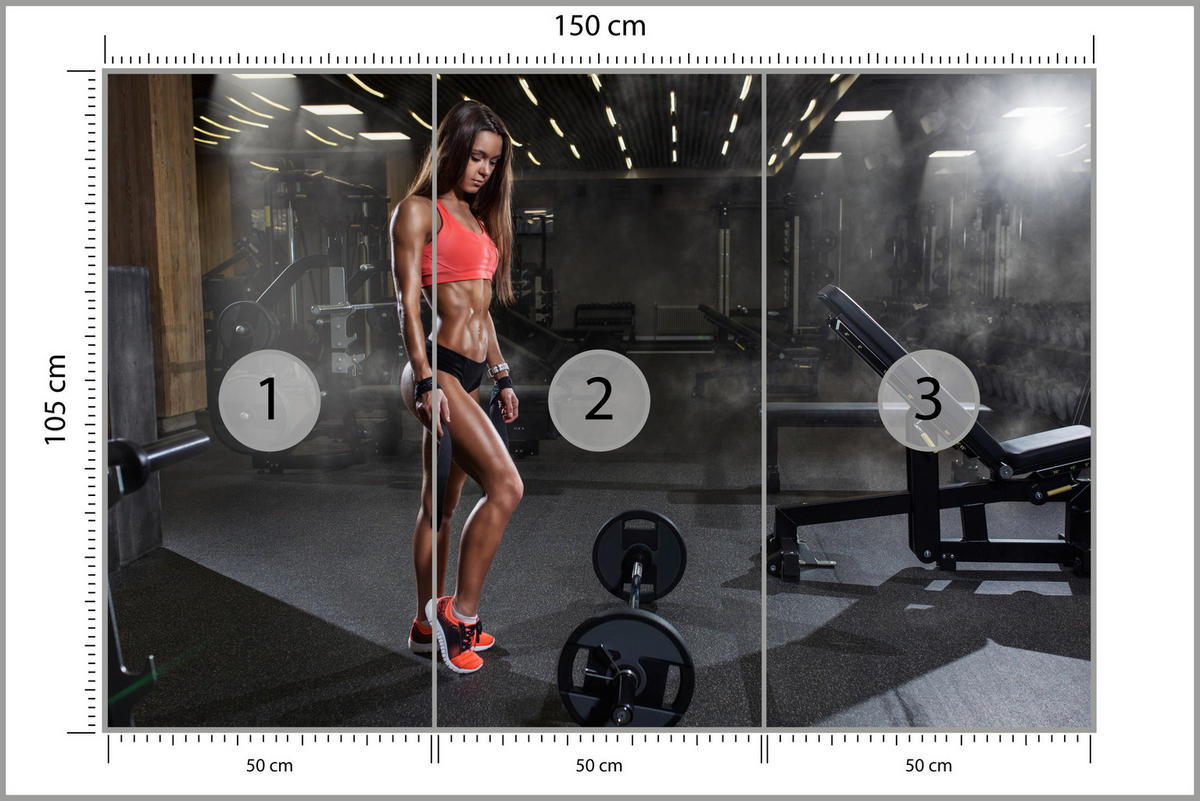 FOTOTAPETE Fit Frau Gym Langhantel Kraft Sport Fitnessstudio 150x105 - Schwarz/Braun, Papier (150/105cm) - Muralo