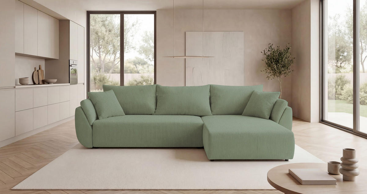 ROHOVÁ pohovka SYDNEY pravá světle zelená manšestr Poso 47 - funkce spaní, úložný prostor - světle zelená, textil (280/175cm) - Cornero