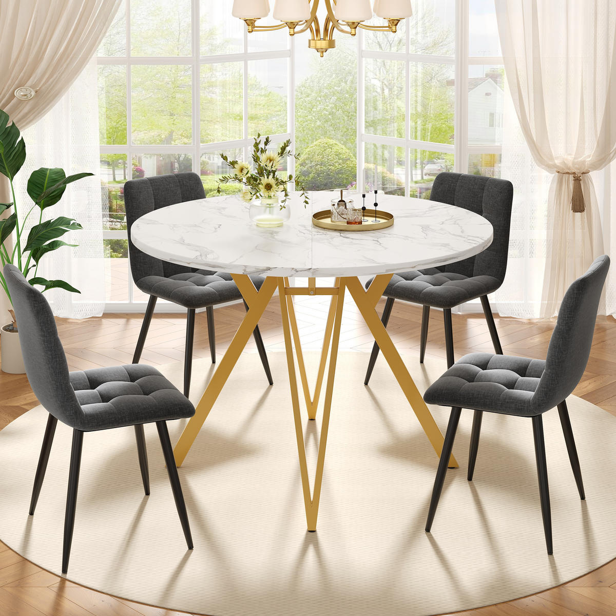 ESSTISCHSET 5-Teilig Rund 100 Cm, MDF Marmor, 4 Graue Stühle, Gold - Multicolor, Naturmaterialien (68/14.5/97.51cm) - FLIEKS