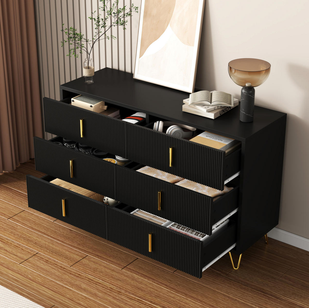 KOMMODE aus Spanplatte 120x77x40cm in Schwarz-Gold - Schwarz, Holzwerkstoff (120/77/40cm) - Modfu
