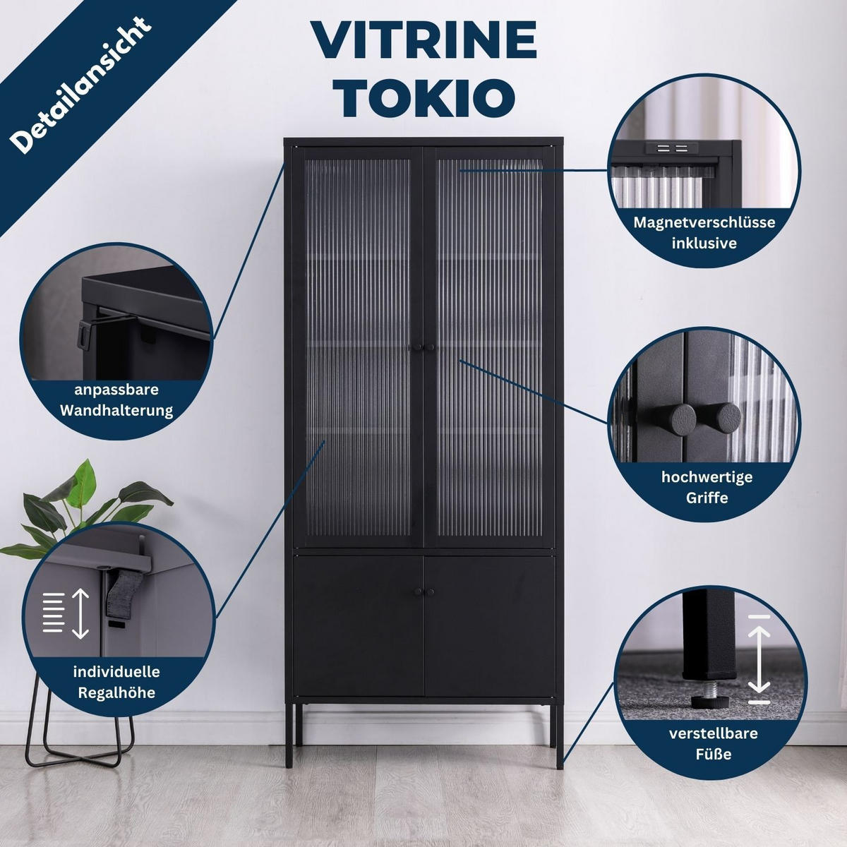 VITRINE TOKIO aus Metall mit Glastüren 80/35/180 cm in Schwarz - Schwarz, Metall (35/180/80cm) - Coemo