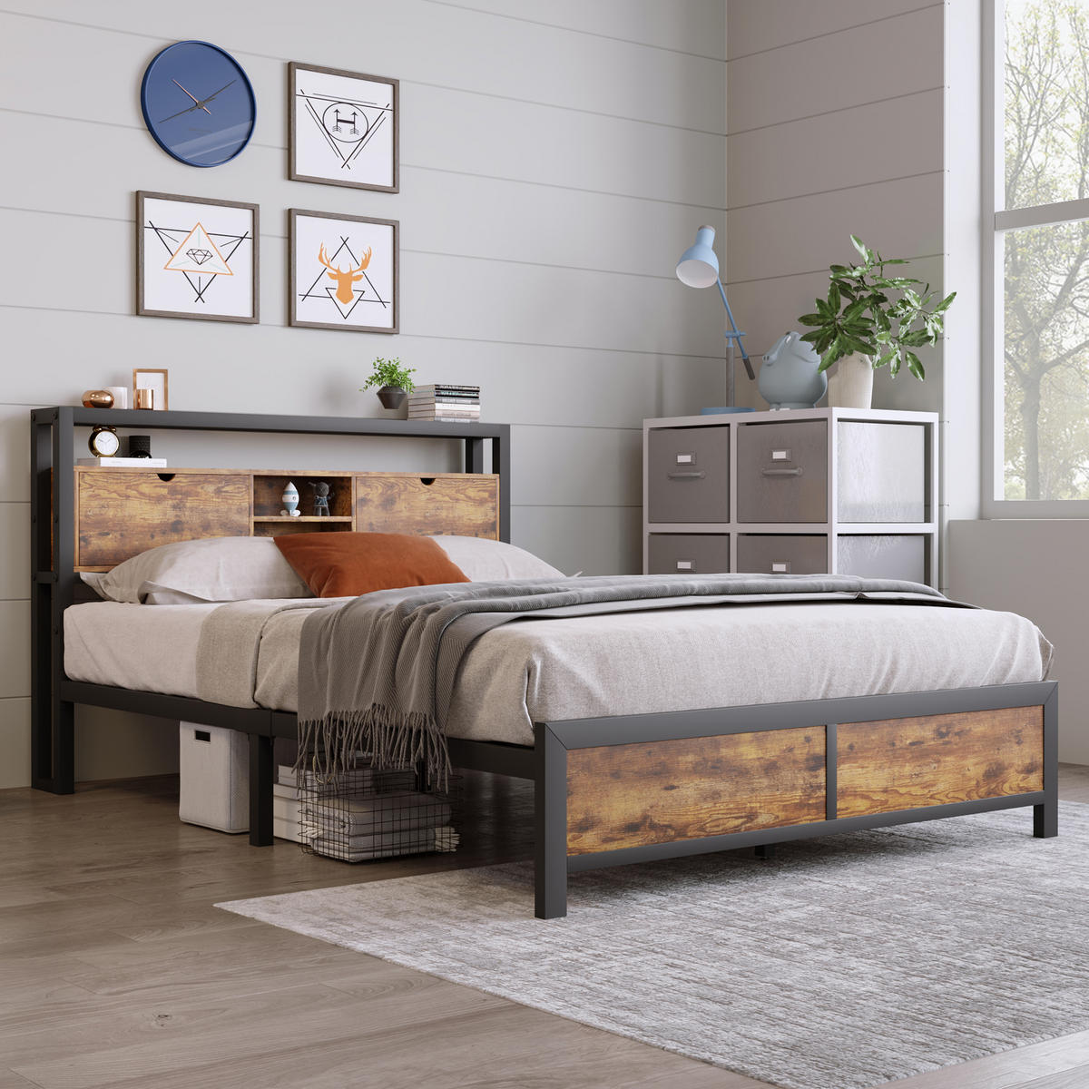 BETT 140/200 cm mit Stauraum und Holzmaserung - Naturfarben, Metall (140/200cm) - OKWISH