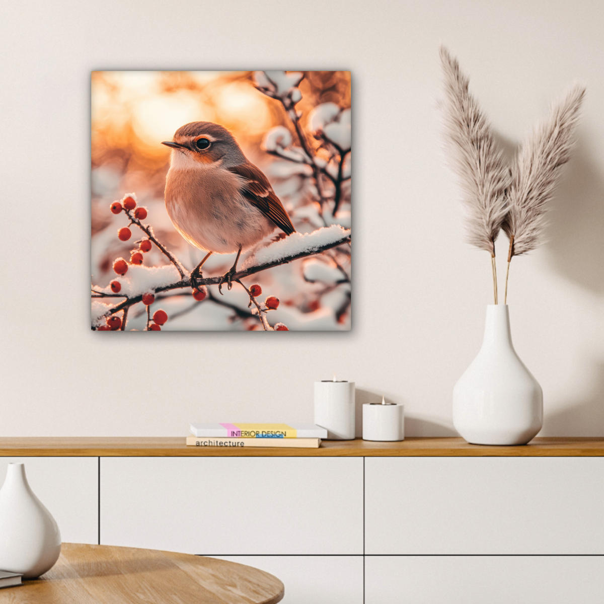 LEINWANDBILD Vogel - Zweig - Winter - Tiere - Schnee 50x50 cm - Bernsteinfarben, Textil (50/50cm) - MuchoWow