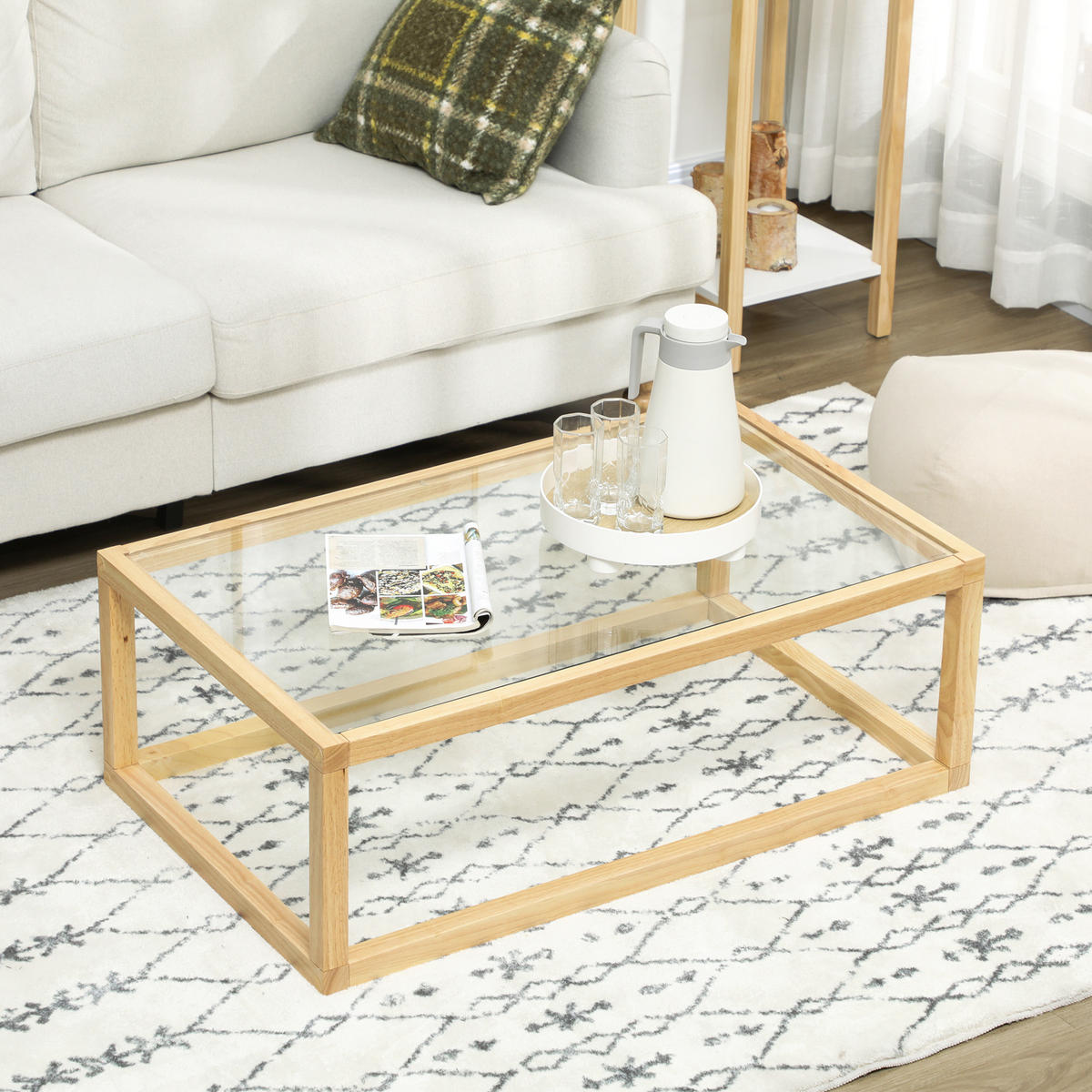 COUCHTISCH DE-15831 mit Glasplatte Hellholz - Naturfarben, Holzwerkstoff (100/60/35cm) - ComfortXL