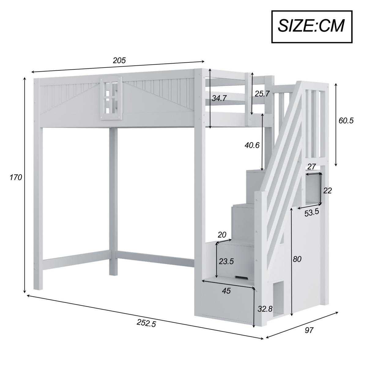 VISOKA postelja 90/200 cm siva z zamenljivo lestvijo in stranskim shranjevanjem iz lesa - siva, leseni material (90/200cm) - OKWISH