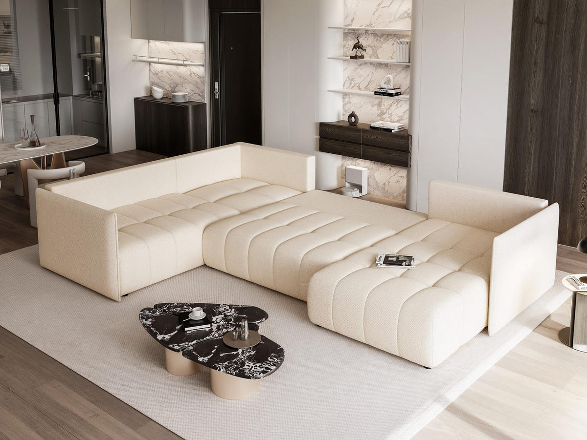 WOHNLANDSCHAFT LORISSE mit Schlaffunktion und Bettkasten Creme - Creme, Holzwerkstoff/Kunststoff (300/85/90cm) - Idohome