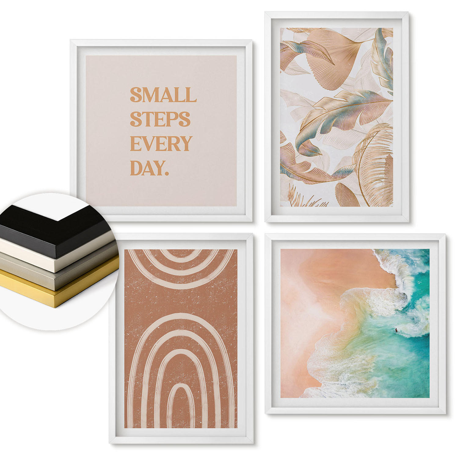 WANDBILDER 4er-Set - 50x50 cm & 40x60 cm Weißer Rahmen - Zarte Boho-Blätterschrift - Weiß, Kunststoff (50/50cm) - ArtPrintCave