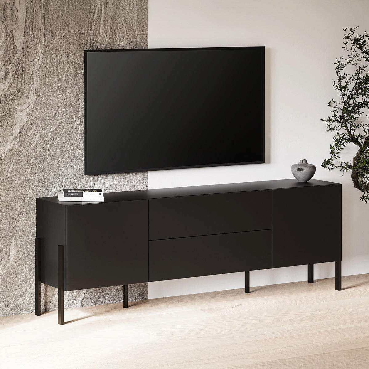TV STOLEK Bérénice Černá - černá, kompozitní dřevo (204/70/40cm) - Petits-meubles