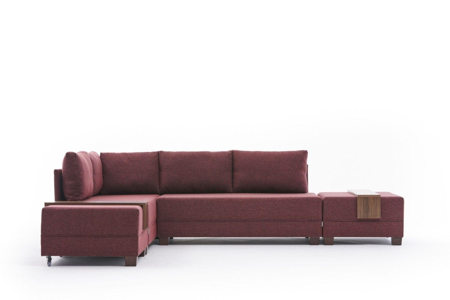 ECKSOFA mit rollbarer Schlaffunktion - Rot/Walnussfarben, Holz/Textil (280/210cm) - myHomelando