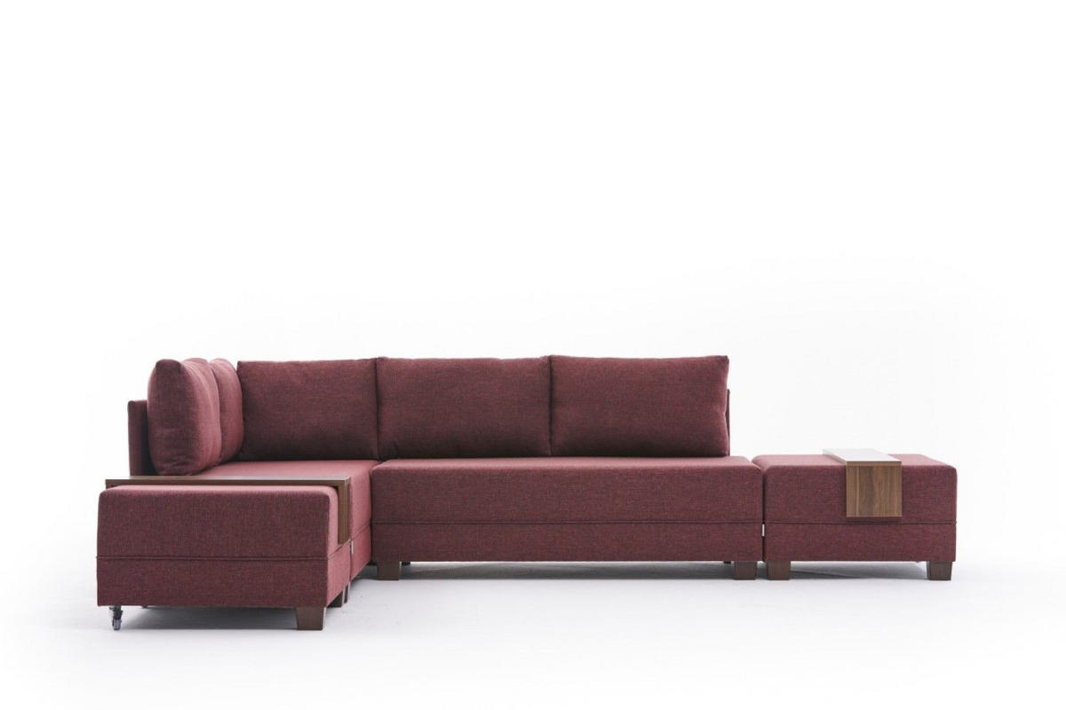 ECKSOFA mit rollbarer Schlaffunktion - Rot/Walnussfarben, Holz/Textil (280/210cm) - myHomelando