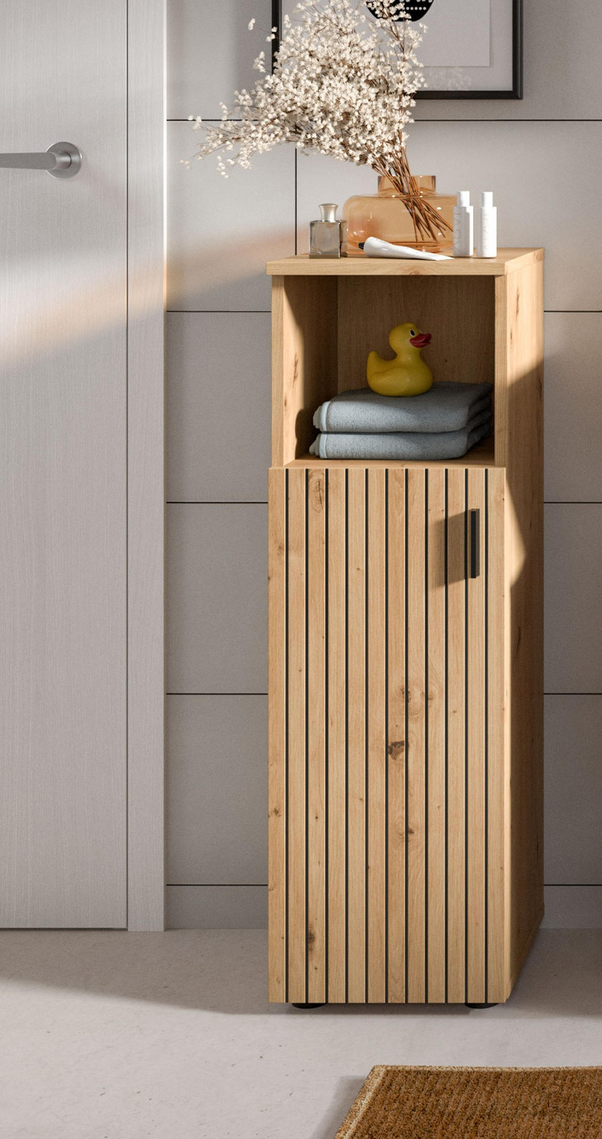 KOMMODE Eiche 30 x 95 cm, Badschrank mit Rillen - Schwarz/Eiche Artisan, Holzwerkstoff/Kunststoff (30/95/30cm) - Inn.Furn