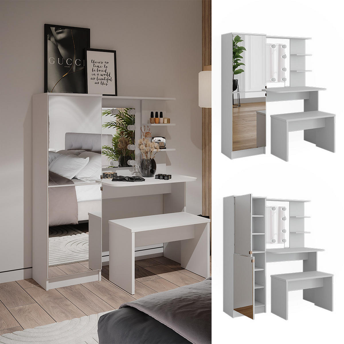 FRISIERKOMMODE Jasmin Weiß 123 cm mit LED-Beleuchtung und Bank - Weiß, Holzwerkstoff (123/141.2/33cm) - Vicco