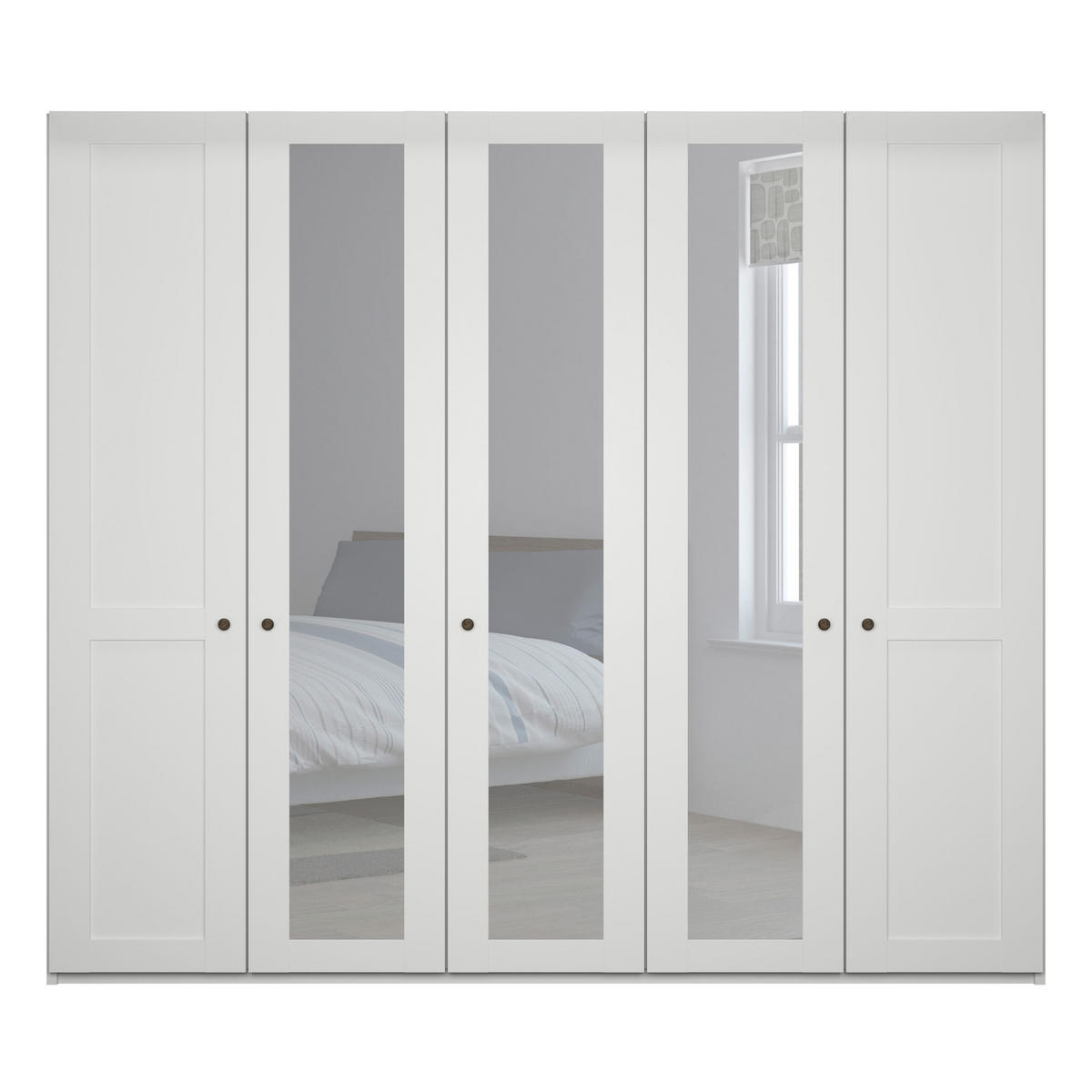 SCHLAFZIMMER Greenholm in Weiß 4 teilig mit Kleiderschrank 250cm Breite mit Spiegel, Doppelbett 180x200cm, zwei Nachttisch - Weiß, Holzwerkstoff (80/200/120cm)