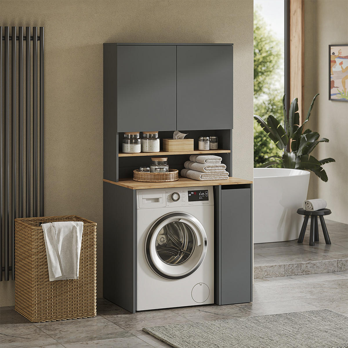 WASCHMASCHINENSCHRANK Viktor, Anthrazit/Goldkraft Eiche, 93.6 x 88.2 cm 2 Teile mit Rollregal - Honigeiche/Anthrazit, Holzwerkstoff (93.6/88.2/60cm) - Vicco