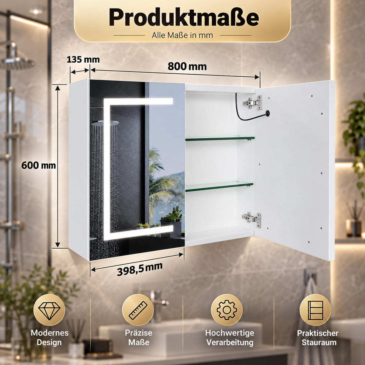 SPIEGELSCHRANK LED 80/60/13.5 cm mit Aufbewahrung, dimmbar, Touch-Schalter, moderner Badezimmer Spiegel mit Stauraum - Weiß, Glas (80/60/13.5cm) - Joyfair