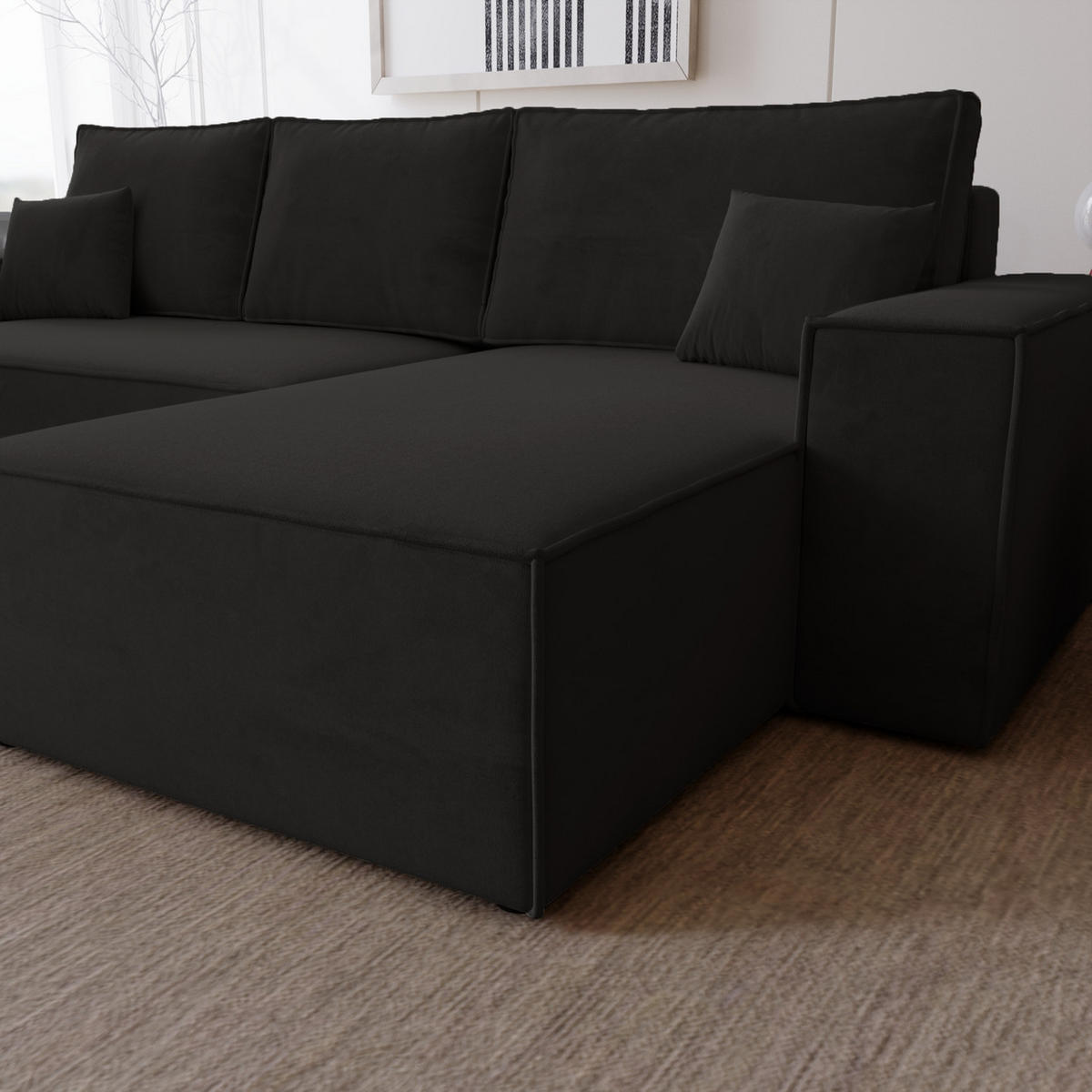 ECKSOFA mit Schlaffunktion Bergamo L 280 cm, Samt, Rechts - Schwarz - Schwarz, Holz (189/277cm) - Emporius