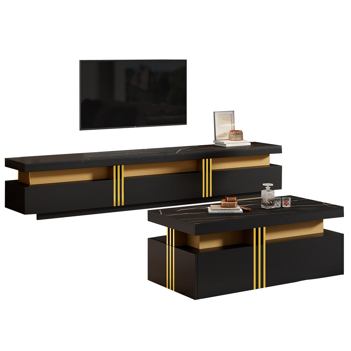 TV-ELEMENT mit Couchtisch - Schrankkombination 2er-Set in Schwarz und Gold - Schwarz, Holzwerkstoff (100/40/50cm) - OKWISH