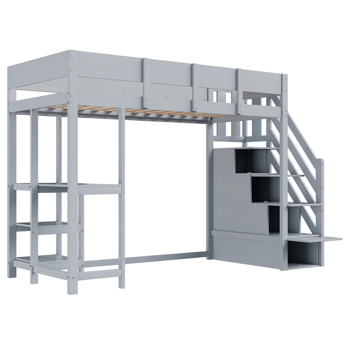 HOCHBETT 90/200 cm grau mit Stauraum und Ablage aus massivem Kiefernholz - Grau, Holz (90/200cm) - OKWISH