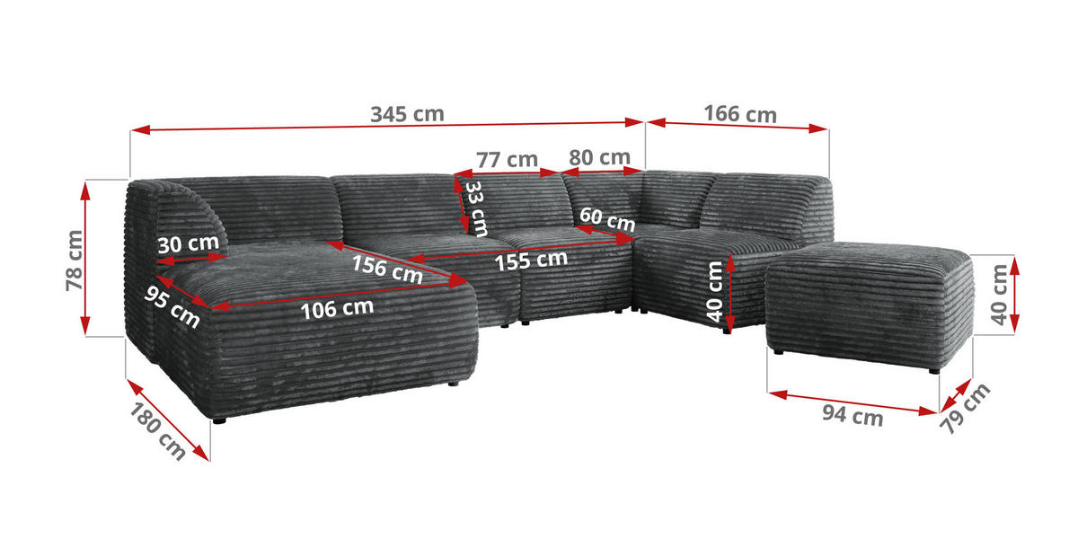 WOHNLANDSCHAFT MODARO U 6M - Dunkelgrau Cord - Links - Dunkelgrau/Schwarz, Textil (180/78/345cm) - MKS