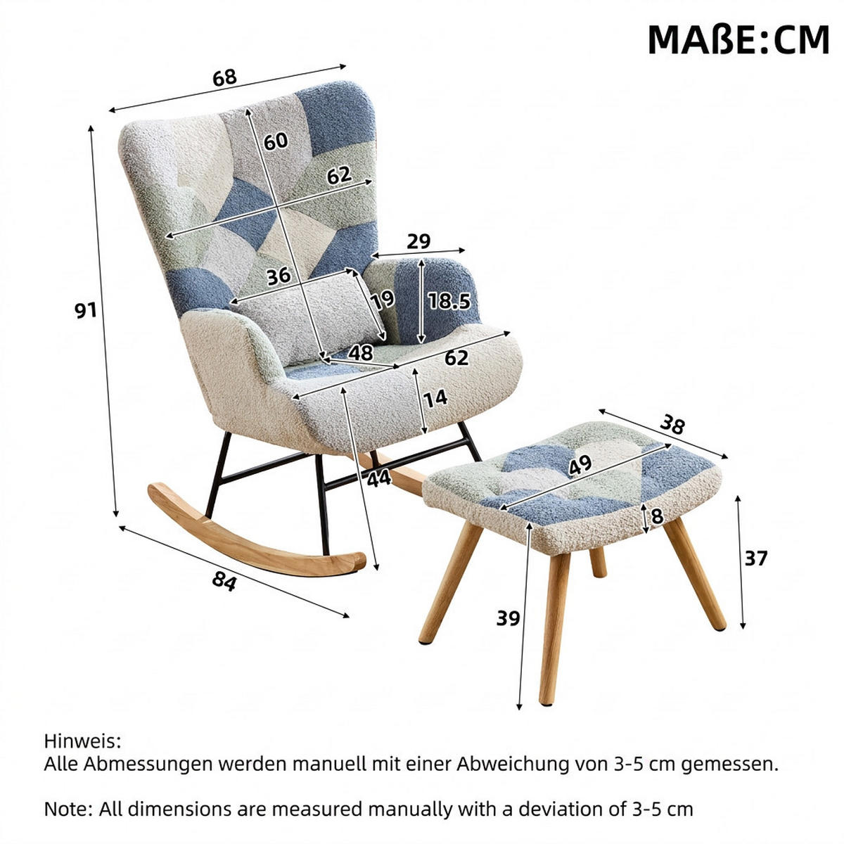 SCHAUKELSTUHL 84/68/91 cm Beige-Blau mit Fußhocker - Multicolor, Textil (68/91/122cm) - Oxeza