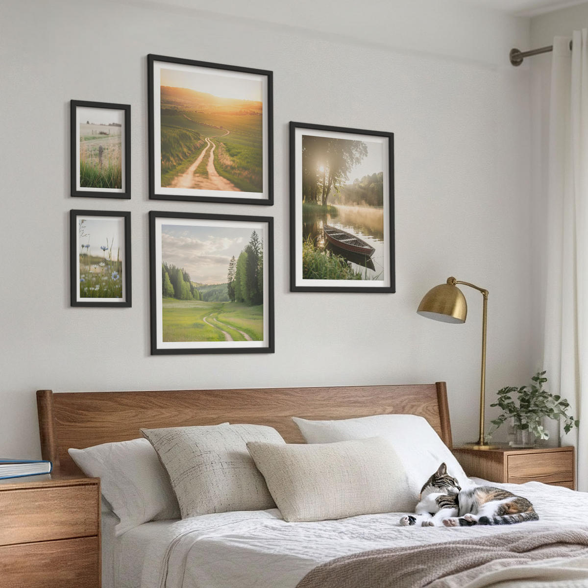 WANDBILDER 5er-Set - 50x50 cm & 20x30 cm & 40x60 cm Schwarzer Rahmen - Landschaftswiesenstraße West - Schwarz, Kunststoff (40/60cm) - ArtPrintCave