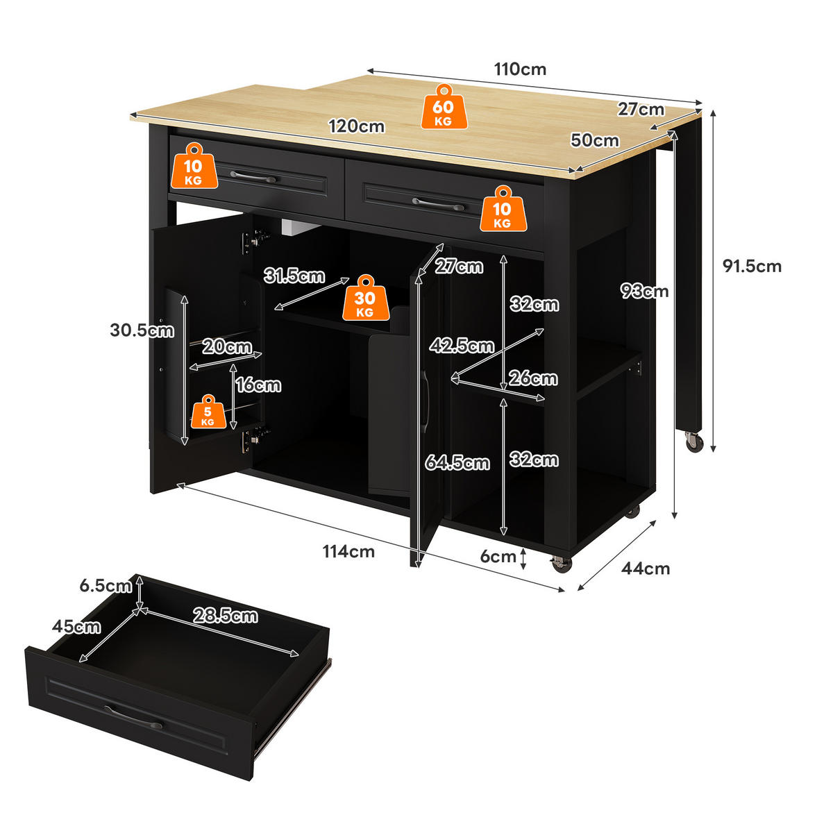 KÜCHENINSEL 120x77x93cm Schwarz MDF/Laminat mit Steckdose & Schubladen - Schwarz, Holzwerkstoff (120/93/77cm) - Modfu