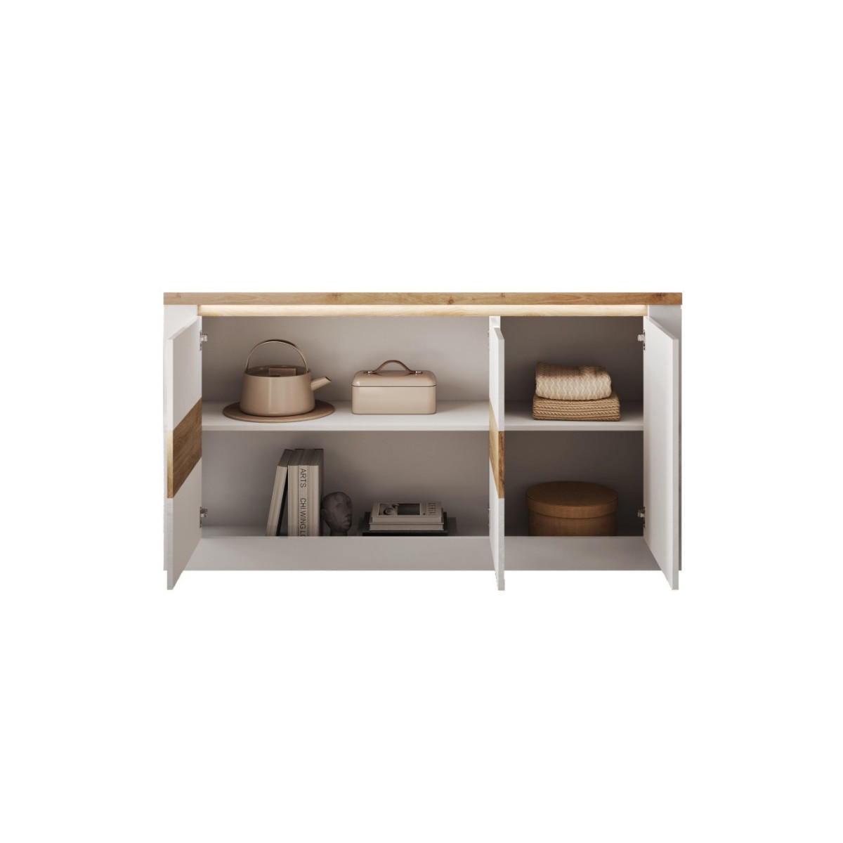 SIDEBOARD 3 Türen LED-Beleuchtung Eichendekor und Weiß 160/43/88 cm - Weiß, Holzwerkstoff (43/88/160cm) - Calicosy