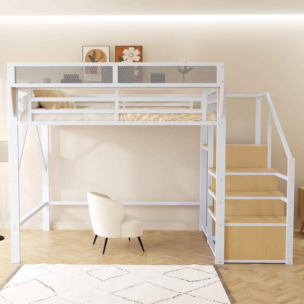 HOCHBETT 140 x 200 cm mit Sicherheitsleiter und Stauraum, Metallkonstruktion, weiß - Weiß, Metall (140/200cm) - KOMHTOM