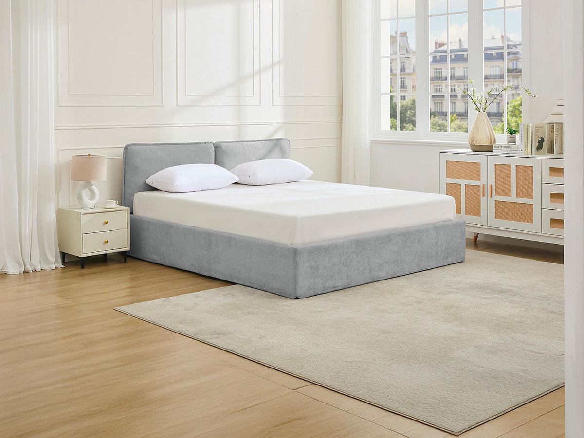 BETT mit Bettkasten - 2 Personen - Stoff - Hellgrau - - Hellgrau, Textil (180/200cm) - Vente-Unique