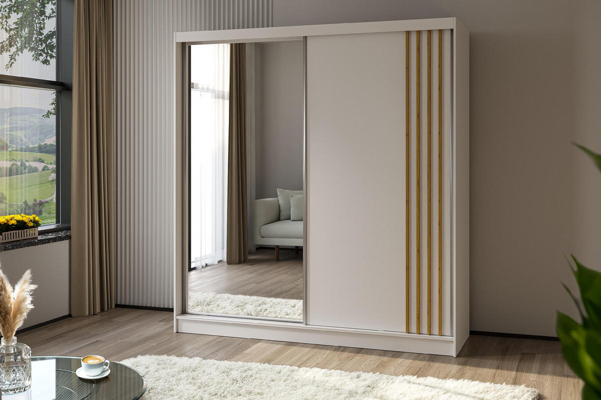 SCHWEBETÜRENSCHRANK Neli 200 cm mit Lamellen und Spiegel 2-türig, weiß, weiß, Lamelle Artisan - Weiß/Braun, Kunststoff (200/216/61cm) - Margaret Hadas24