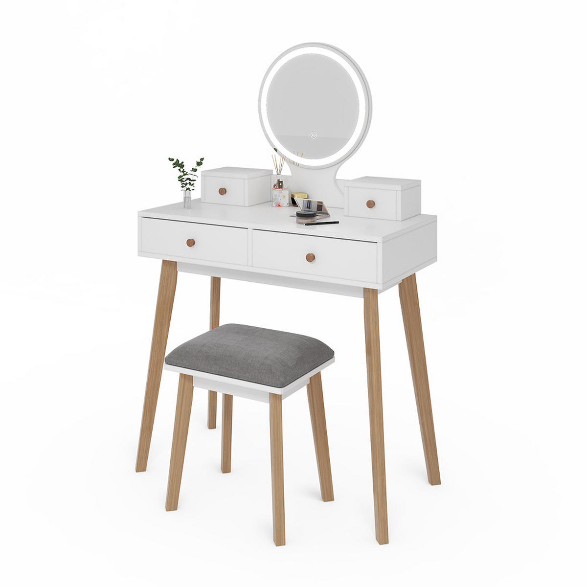 SCHMINKTISCH Finya Weiß 80 cm mit LED Spiegel und Hocker - Weiß, Holzwerkstoff (80/127.5/41cm) - Vicco