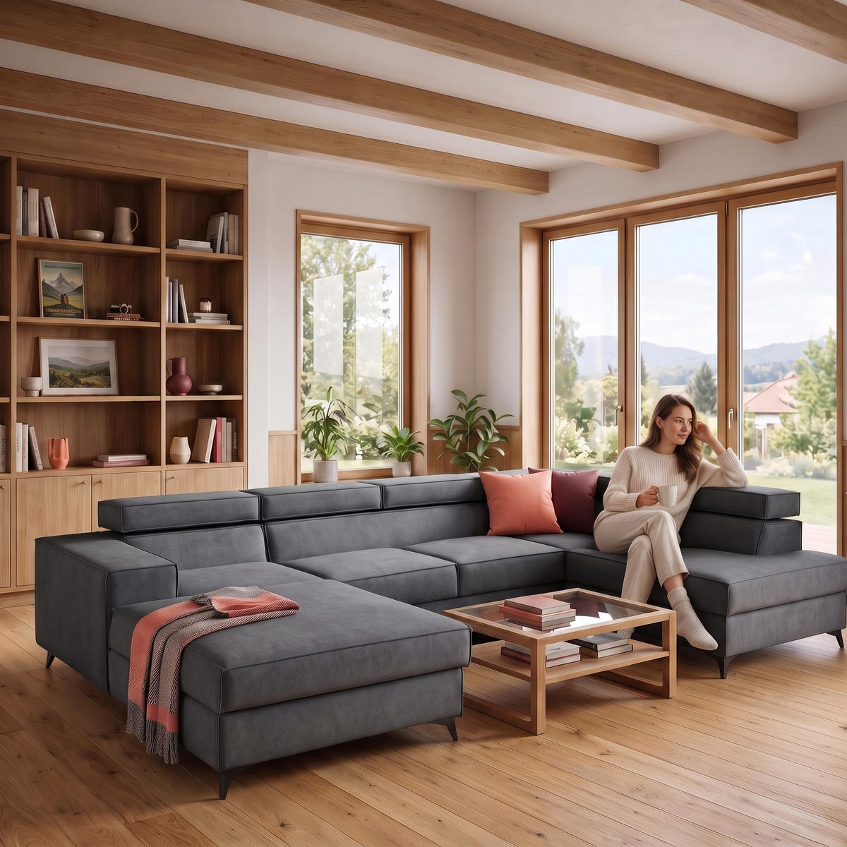 ECKSOFA PURE U Rechts mit Schlaffunktion 127x270 Velours Grau - Schwarz/Grau, Holz/Textil (204/340cm) - Muffo