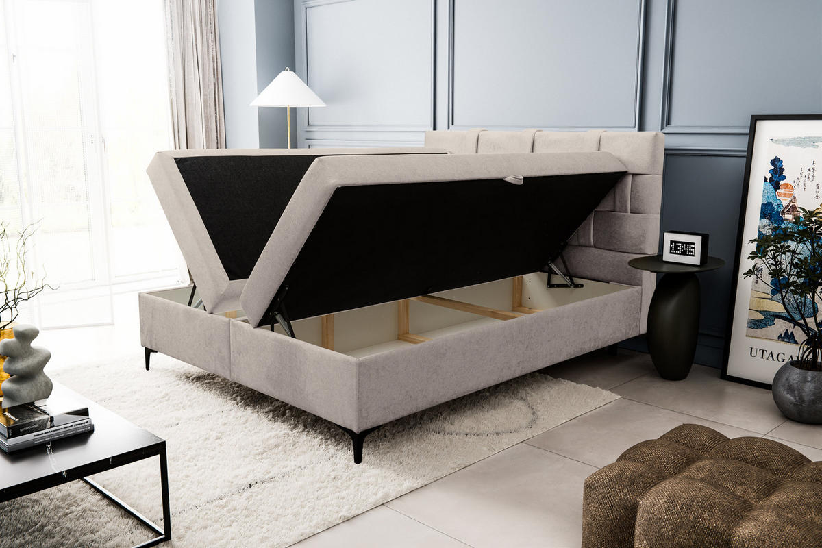 BOXBETT Charlotte mit 2 Bettkästen, Maße: 140x200 cm, Farbe: Beige, Velourstoff, mit Bonell-Matratze inkl. Topper - Beige, Holz/Kunststoff (140/200cm) - VENASI MÖBEL