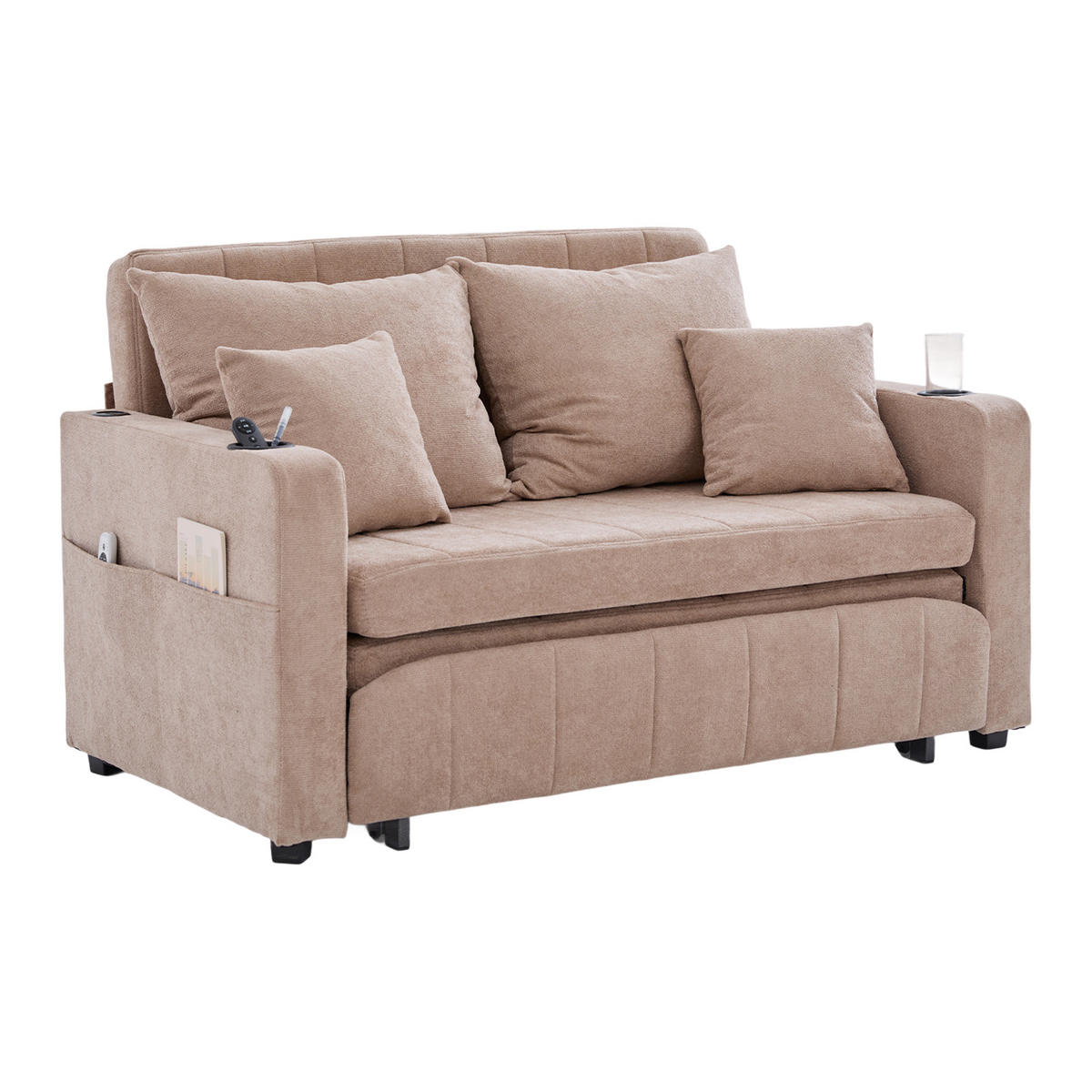 SOFA Klappbar mit USB-Ladefunktion und Becherhalter Chenille Khaki 139/83/58 cm - Naturfarben, Textil (139/83/73cm) - OKWISH