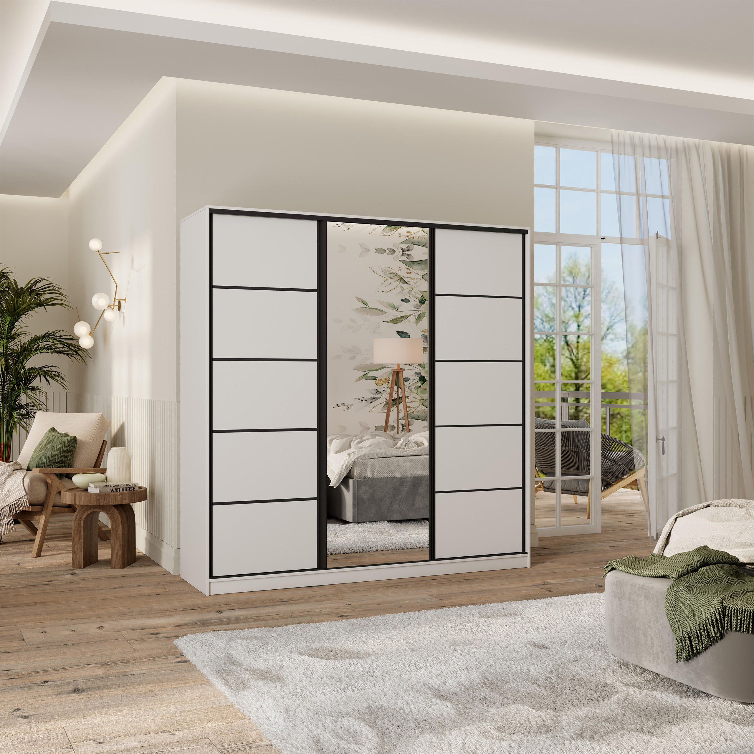 SCHWEBETÜRENSCHRANK PINA 180/205/58 cm 3-türig mit Spiegel und Schubladen Weiß - Schwarz/Weiß, Holzwerkstoff (180/205/58cm) - MASSENO