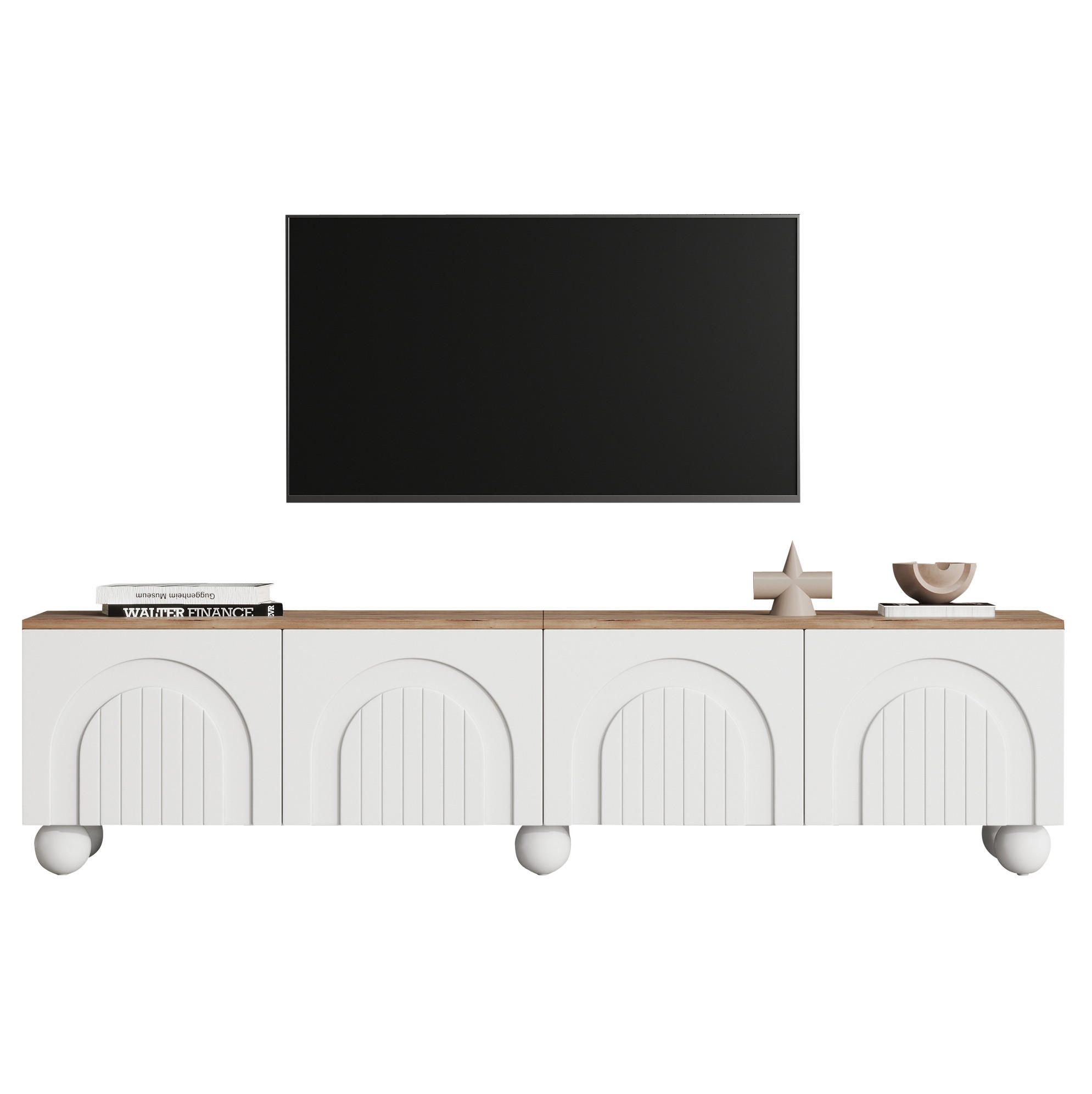 Modfu TV stolek z MDF 180x40x45 cm bílá a dubový dekor se 4 dvířky, 6 kovovými nohami a úložným prostorem