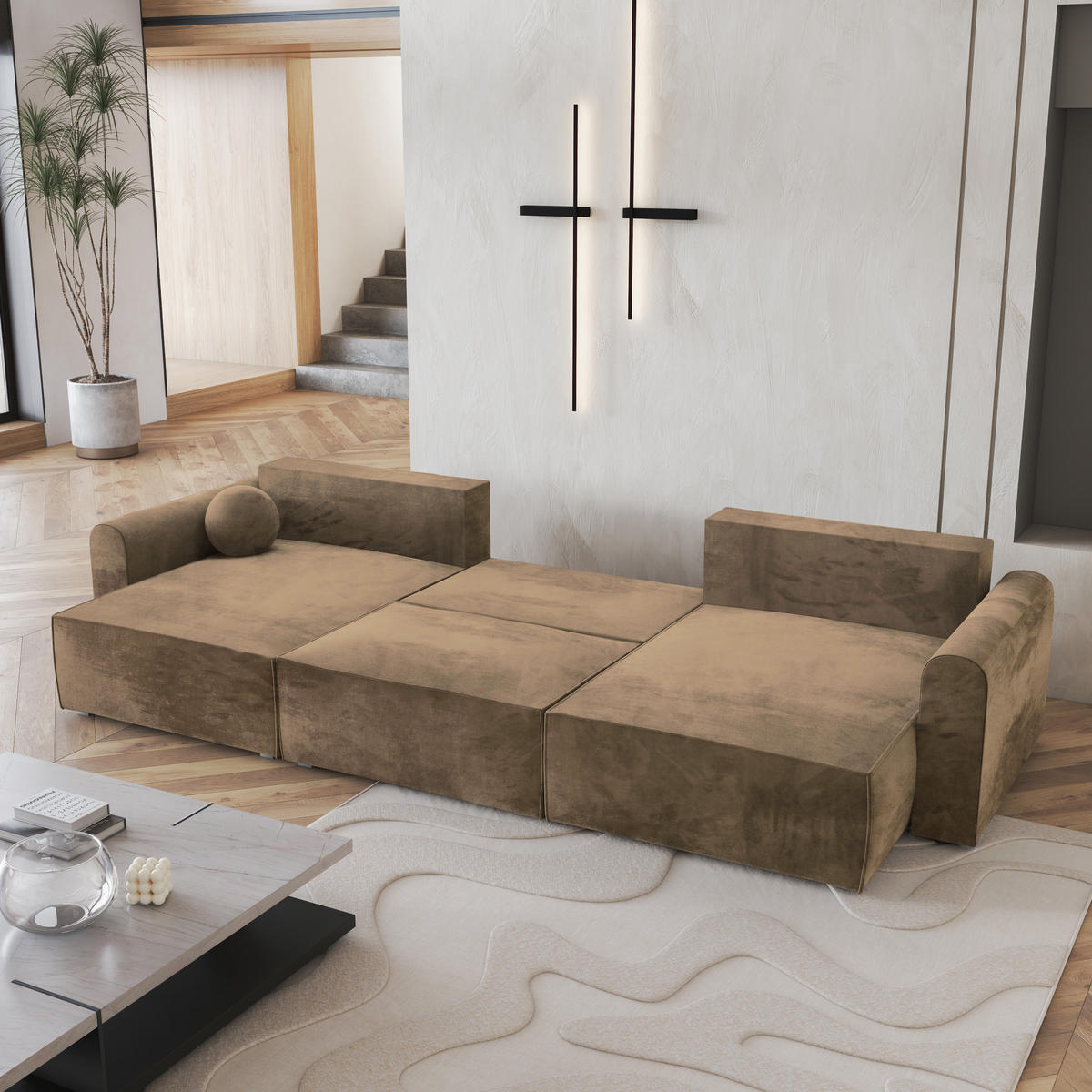 WOHNLANDSCHAFT FENTO M Beige Velours-Stoff mit Schlaffunktion - Beige, Holz (347/90/148cm) - MASSENO