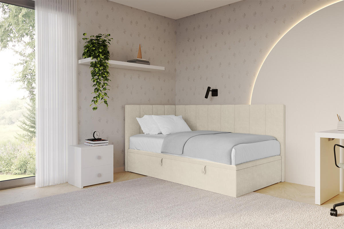 EINZELBETT Jugendbett mit Bettkasten Rechts, ohne Matratze - LOVY 90x200 Beige - Cappuccino, Holzwerkstoff/Textil (90/200cm) - ALTDECOR