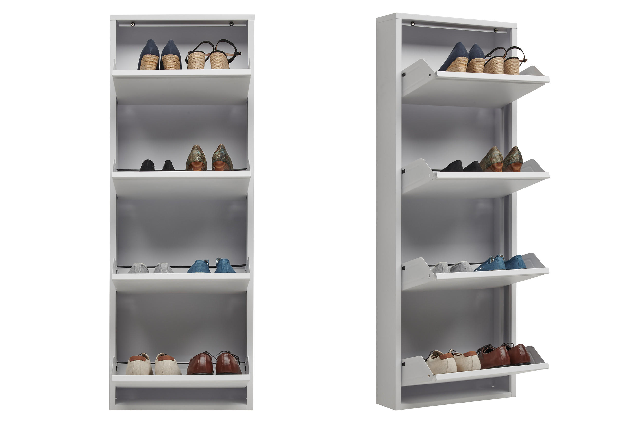 Geöffneter Schuhschrank, die verschiedene Schuhe auf einem weißen Hintergrund zeigen.