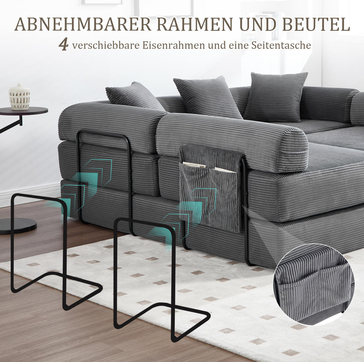 ECKSOFA 270/180/64 cm dunkelgrau aus Corduroy modular - Dunkelgrau, Textil (180/270cm) - OKWISH