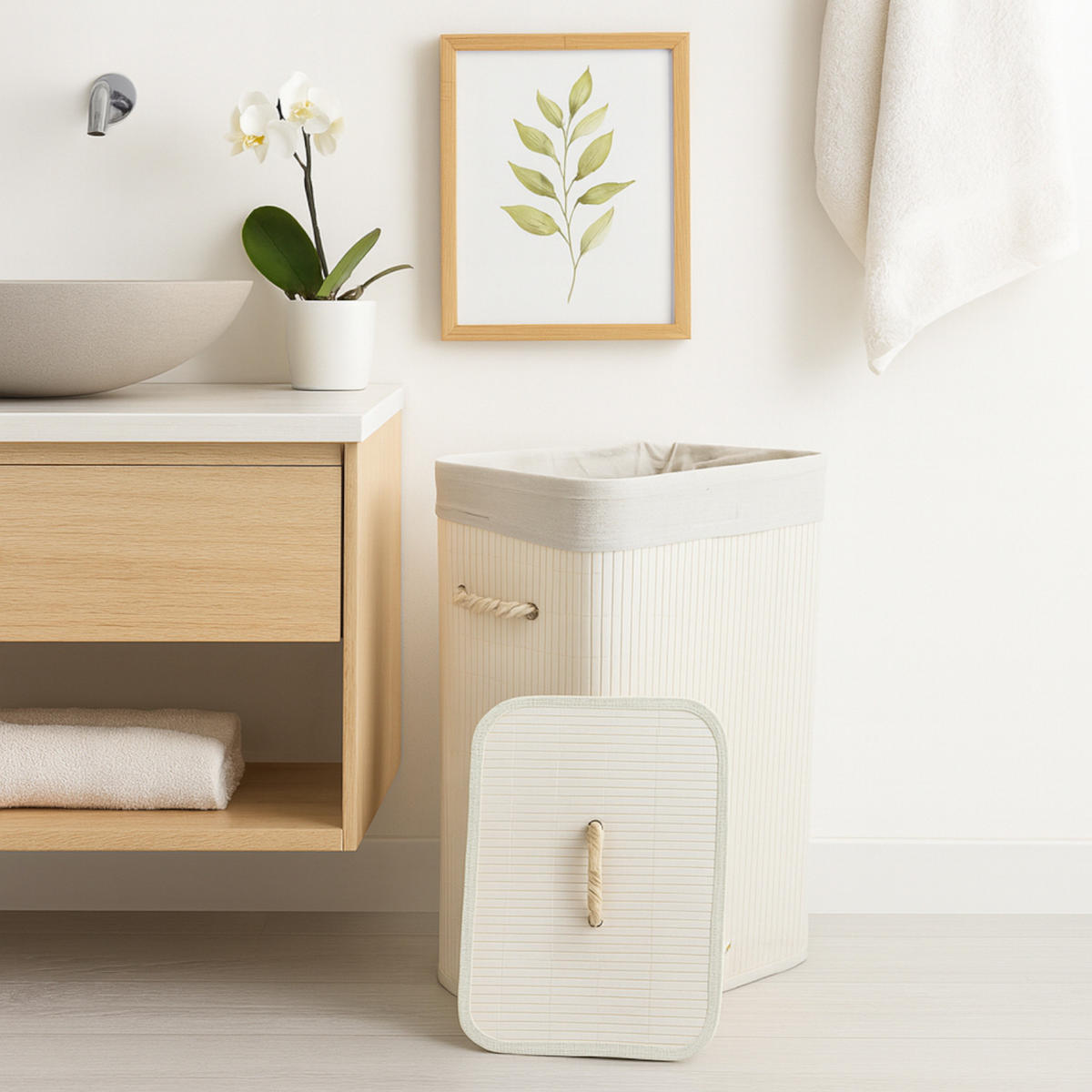 WÄSCHEKORB Bambus Weiß mit Deckel 60x40x30 cm - Weiß, Holz (40/60/30cm) - Begryf