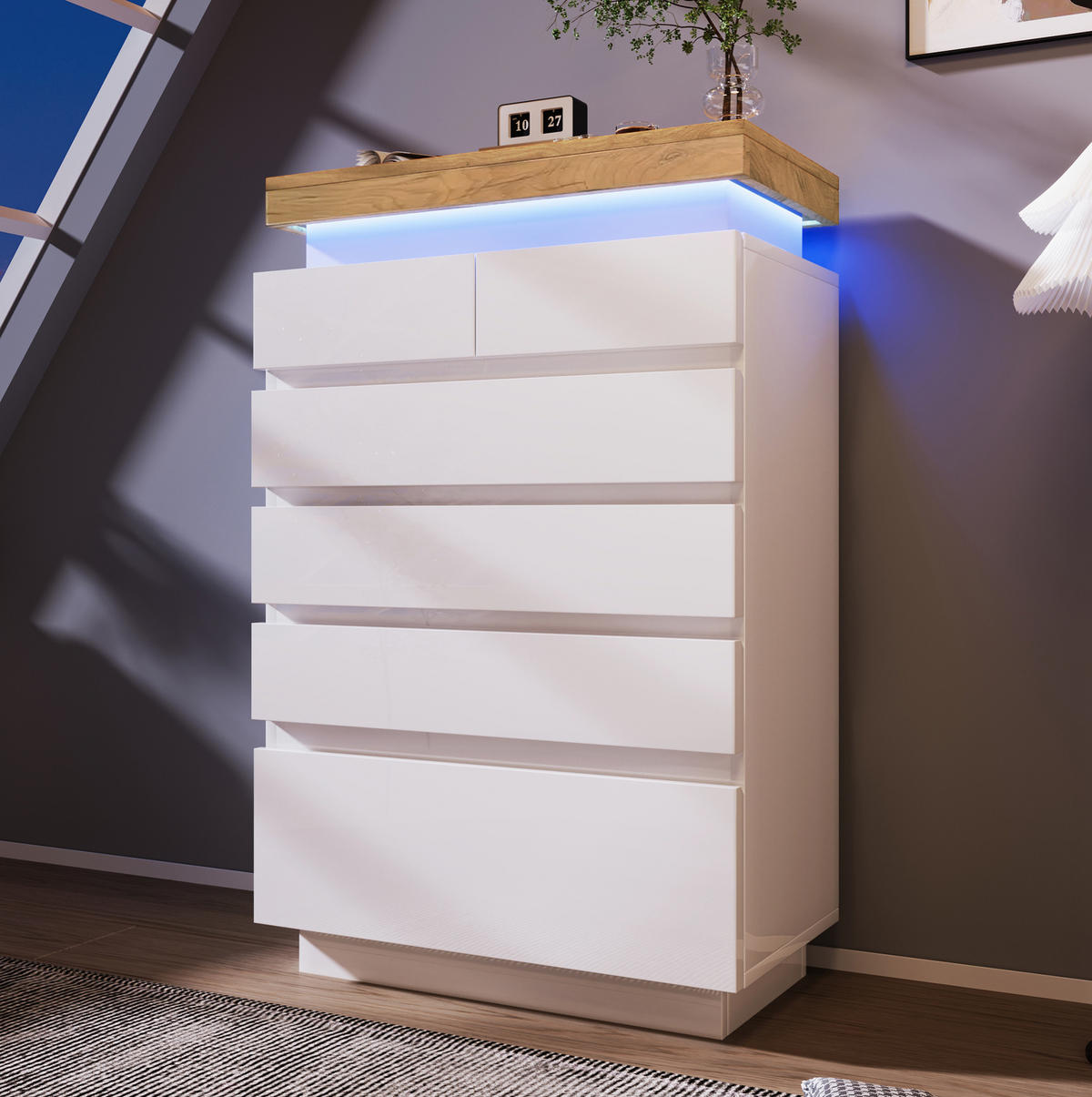 KOMMODE aus Spanplatte und MDF 39x73x115 cm Weiß mit LED-Beleuchtung, 6 Schubladen und Hochglanzfront - Weiß, Holzwerkstoff (73/115/39cm) - Modfu