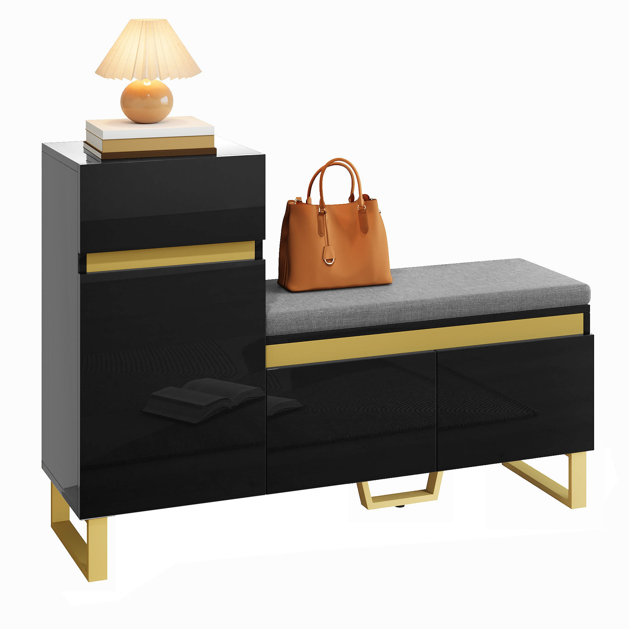 SCHUHSCHRANK in Schwarz Schuhkommode mit großem Fassungsvermögen, mehrstöckigem Stauraum und Schubladen , B120/T35/H85cm - Goldfarben/Schwarz, Holzwerkstoff/Metall (120/80/35cm) - STILVORA