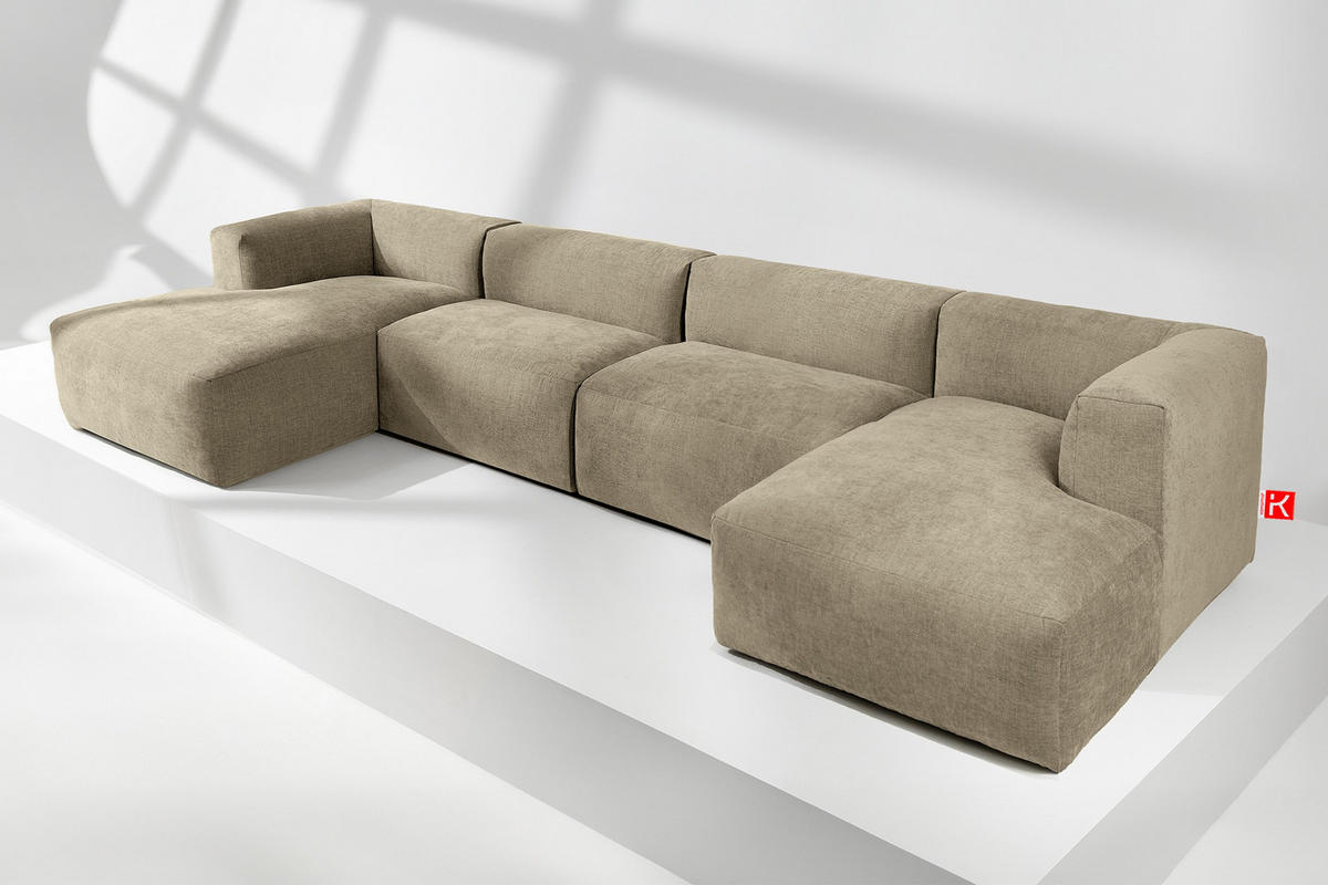 PANORAMA-ECKSOFA BUFFO 7/8 Sitzer mit extrem weicher Sitzfläche, Gewebestoff, sandfarben - Sandfarben, Textil (424/73/180cm) - KONSIMO®