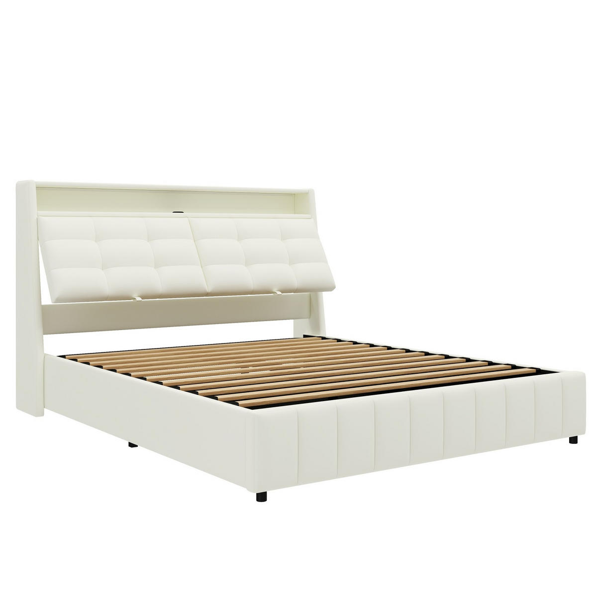 POLSTERBETT aus MDF, Sperrholz und PU 160x200 cm Weiß mit LED-Beleuchtung, USB-Anschluss, Stauraum und verstellbarem Kopfteil - Weiß, Textil (160/200cm) - Modfu