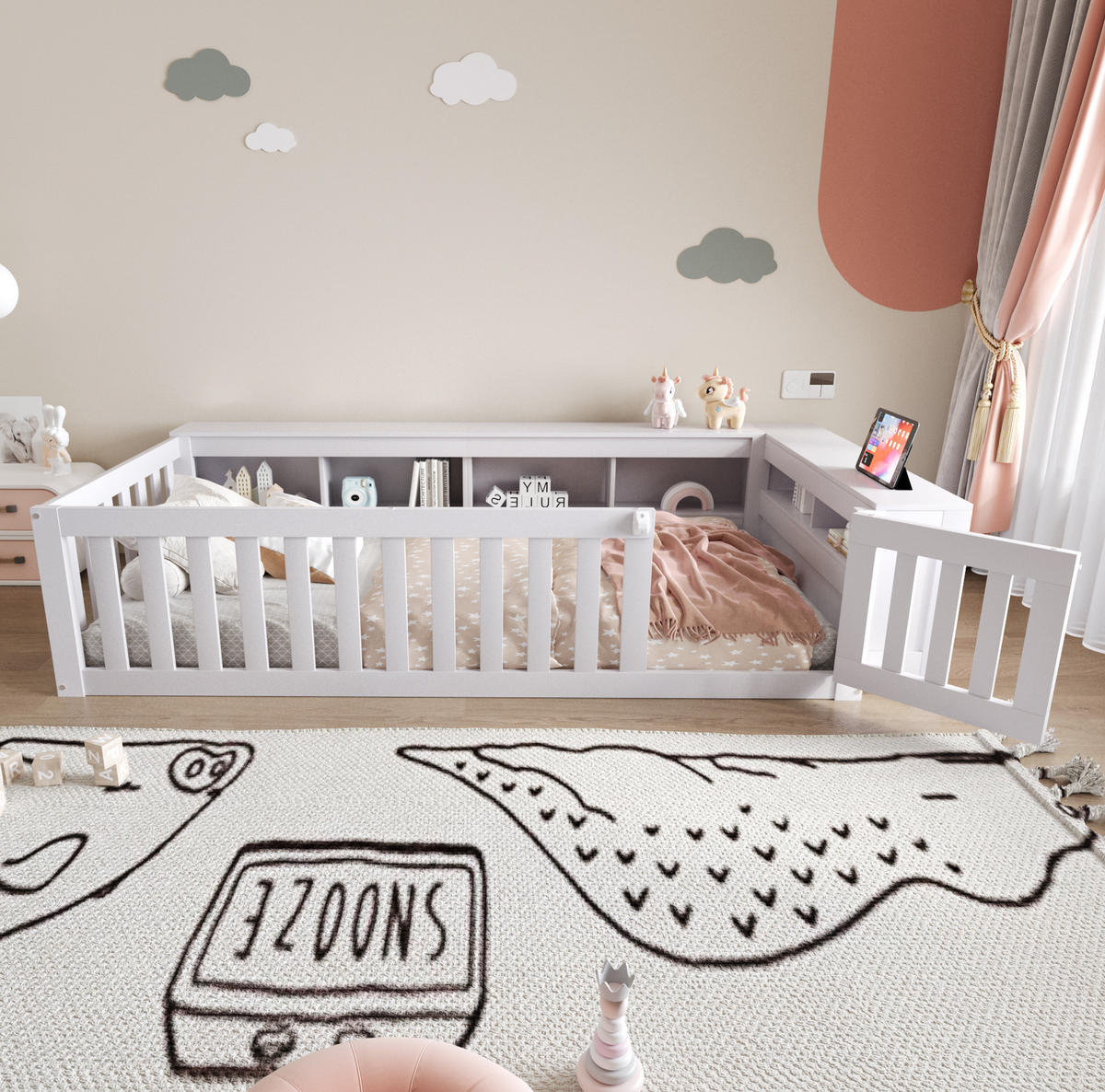 KINDEREINZELBETTEN aus Massivholz 90x200 cm in Weiß mit Stauraum & Sicherheitsgitter - Weiß, Holz (90/200cm) - Modfu