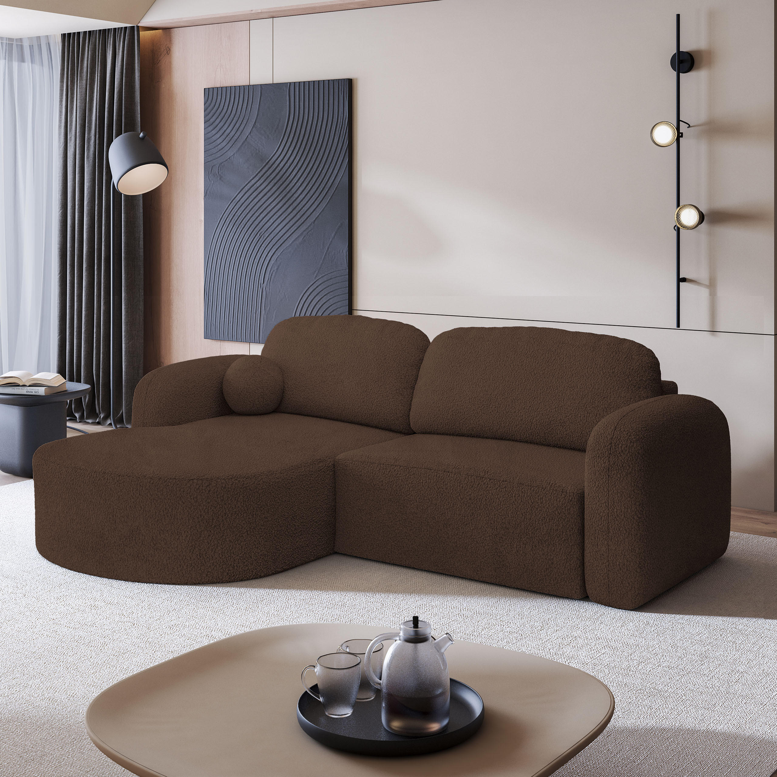 ECKSOFA AMILIA L-S Braun Boucle-Stoff mit Schlaffunktion - Braun, Holz (263/174cm) - MASSENO