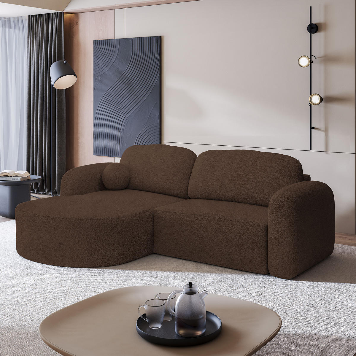 ECKSOFA AMILIA L-S Braun Boucle-Stoff mit Schlaffunktion - Braun, Holz (263/174cm) - MASSENO
