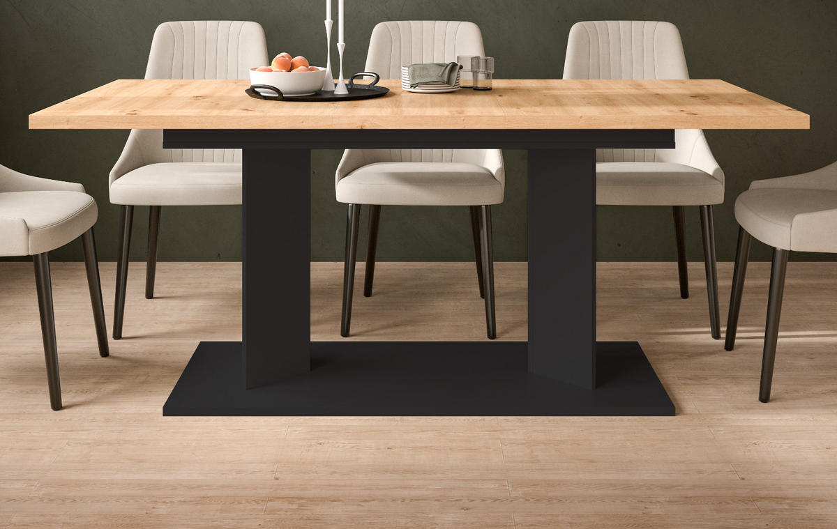 ESSTISCH Eiche Artisan, schwarz 140 - 180 - 220 x 90 cm, Küchentisch 2-fach ausziehbar - Schwarz/Eiche Artisan, Holzwerkstoff (90/140/76cm) - Inn.Furn